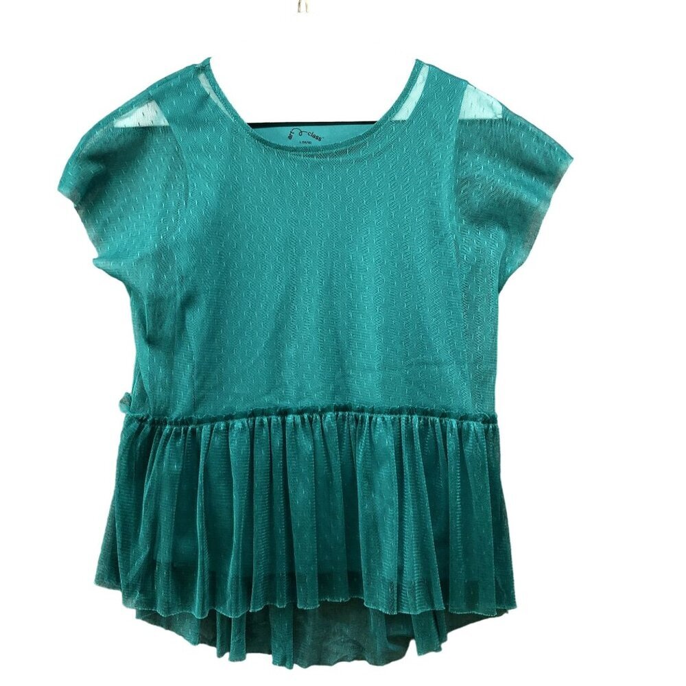 Art Class Girls L 10/12 Blouse Tunic Jewel Green Mesh Peplum Ruffle Short Sleeve